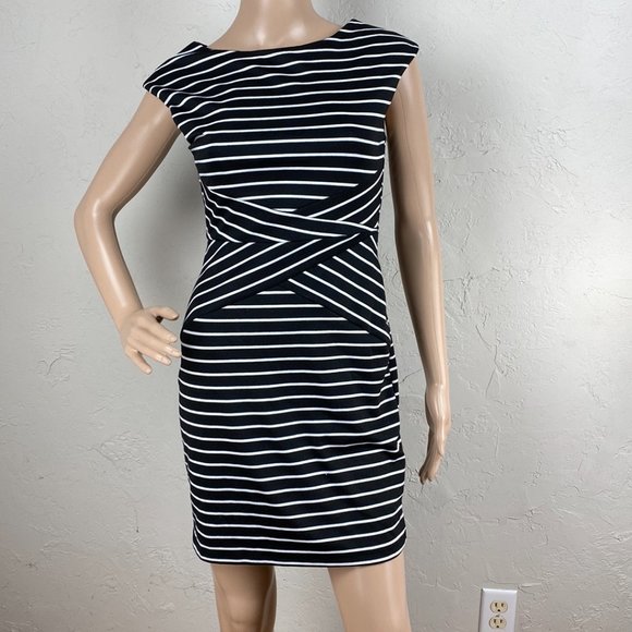 Iz Byer Dresses & Skirts - IZ Byer Black White Stripes Boat Neck Sleeveless Stretch Bodycon Sheath Dress 1